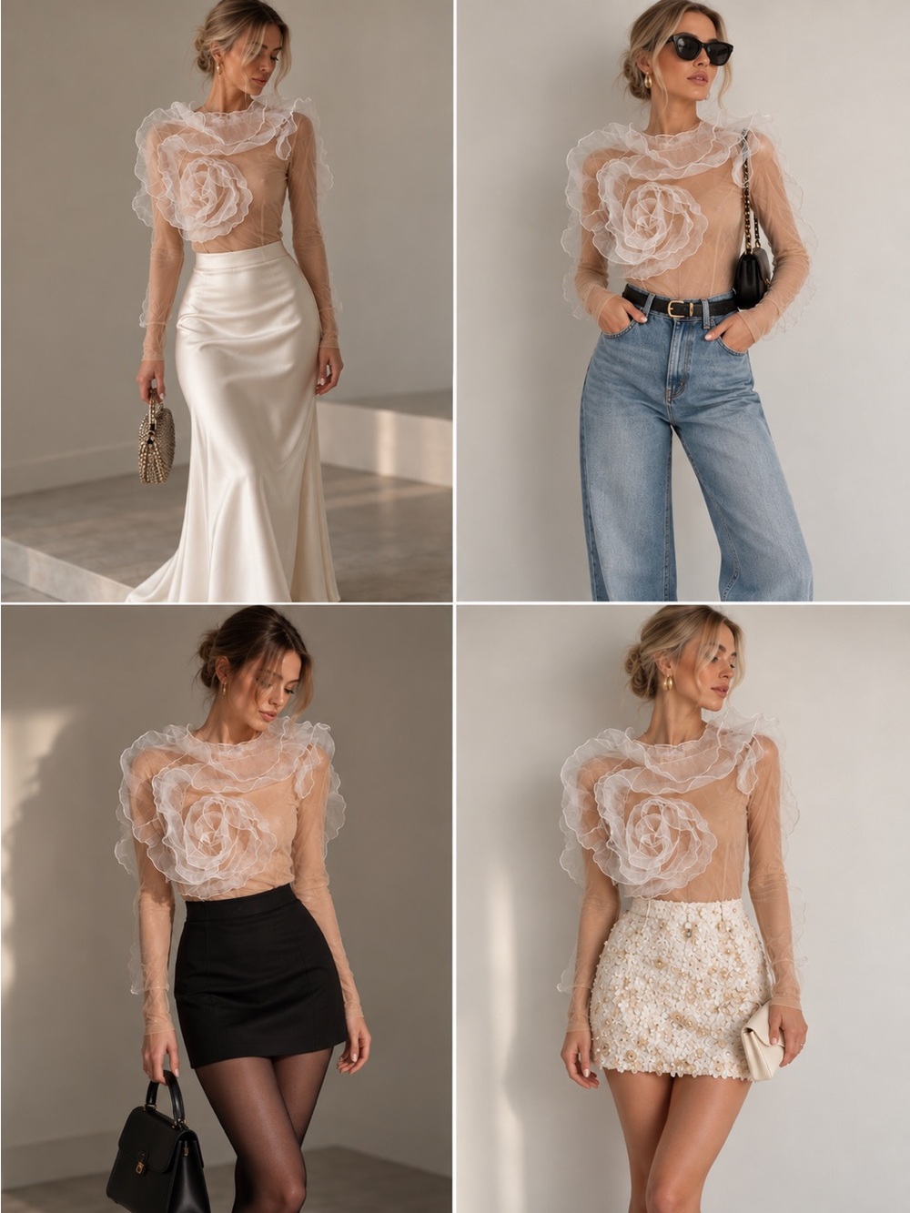 Tamara New York Sheer Mesh Bodysuit Organza Rose Ruffle Statement Top Nude White